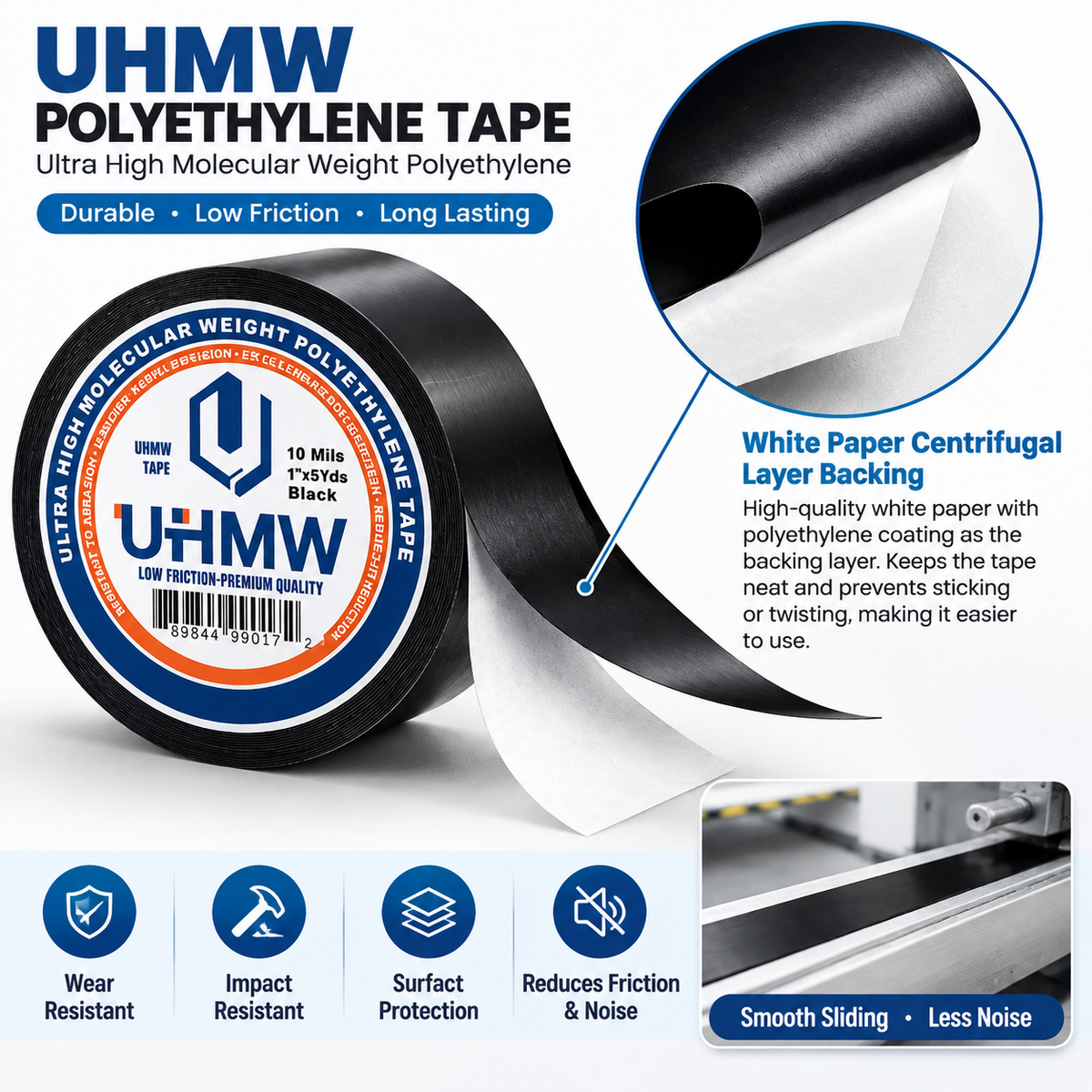 Black Ultra High Molecular Weight Polythelene Tape (0.5" x 5yds, 10mil)