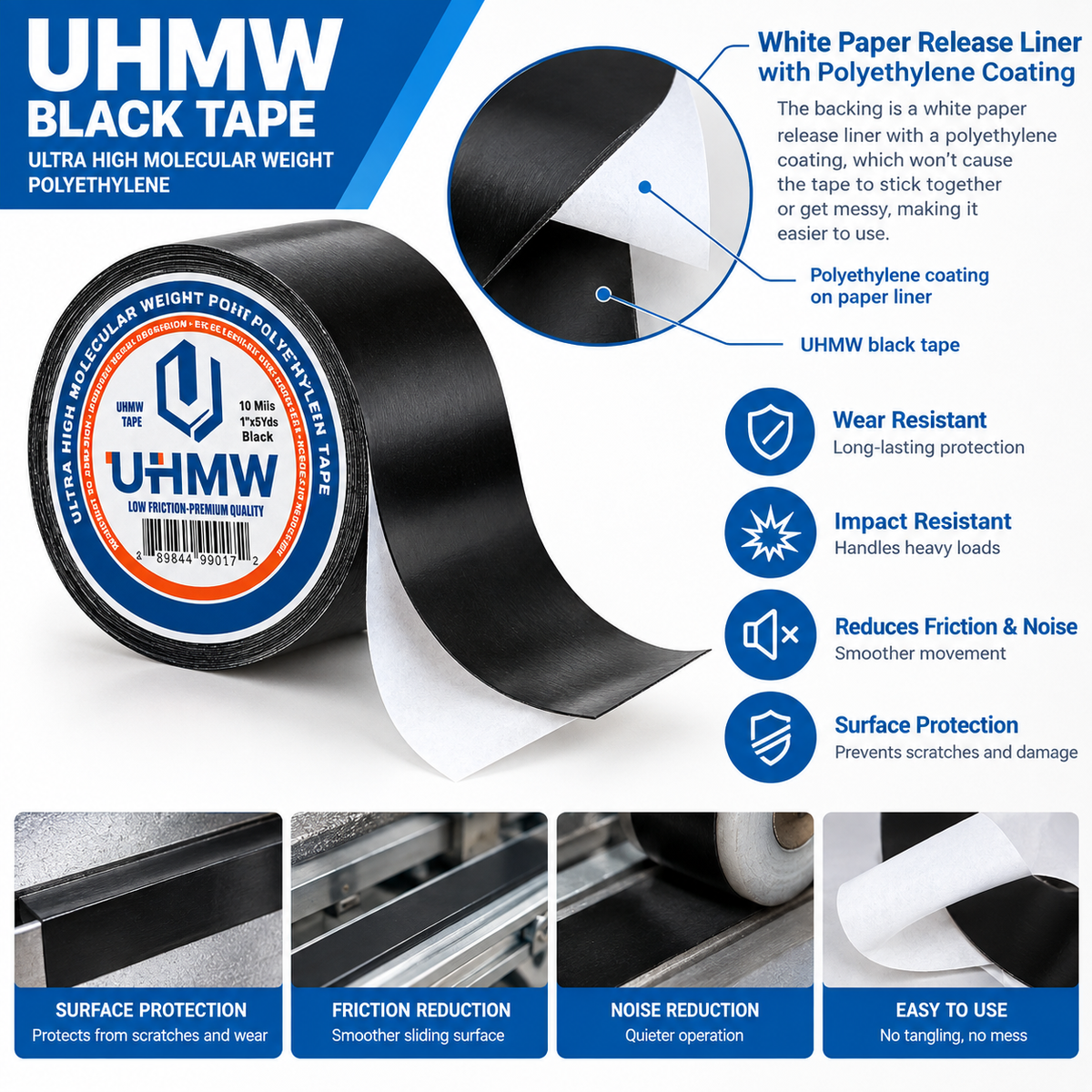 Black Ultra High Molecular Weight Polythelene Tape (0.5" x 5yds, 10mil)