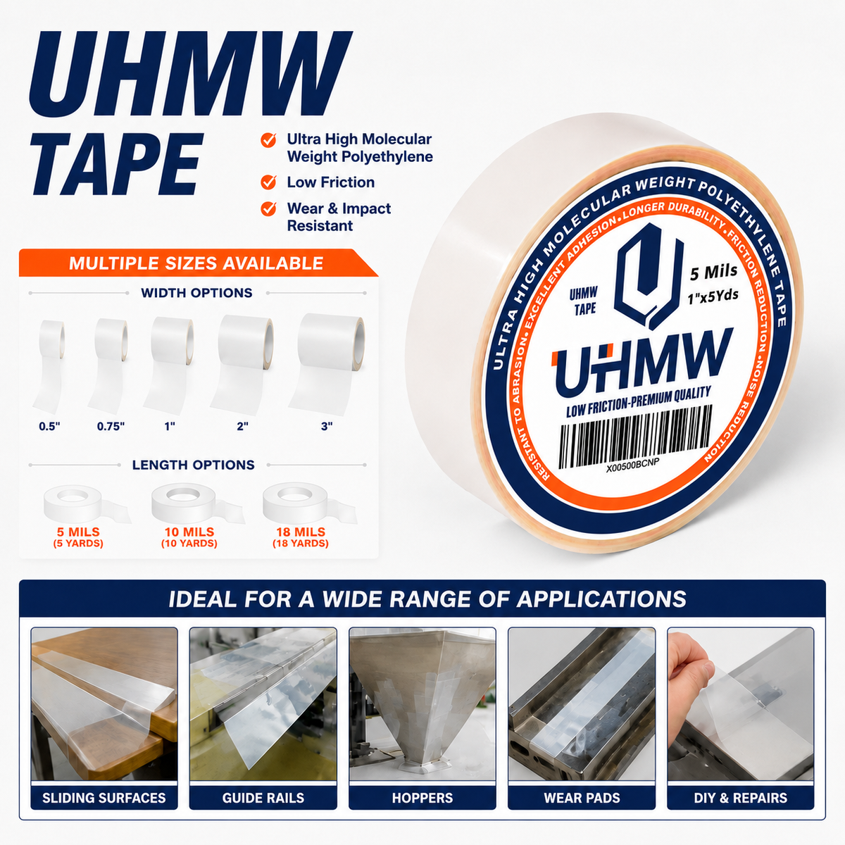 Ultra High Molecular Weight Polythelene Tape (0.5" x 36yds, 5mil)