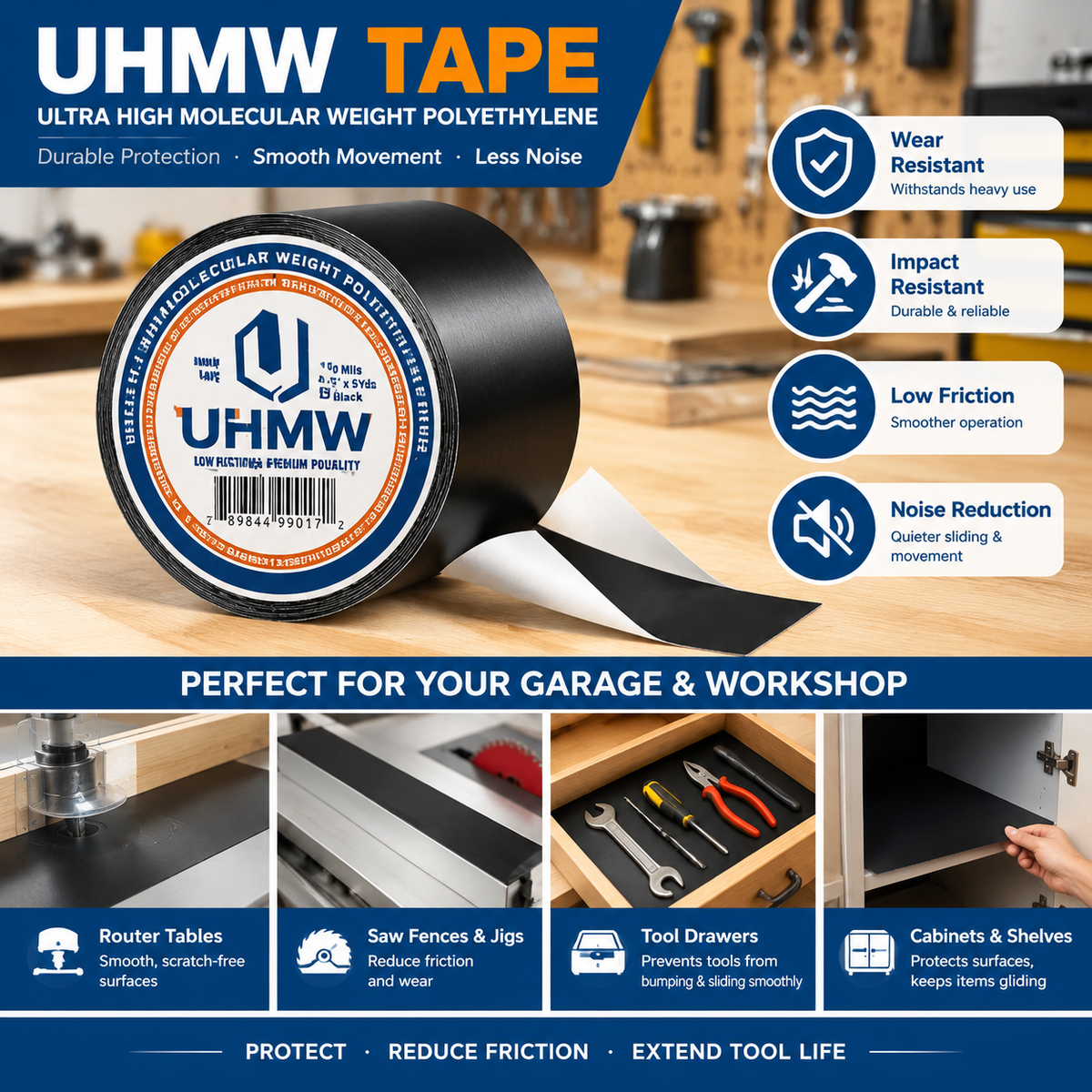 Black Ultra High Molecular Weight Polythelene Tape (0.5" x 5yds, 10mil)