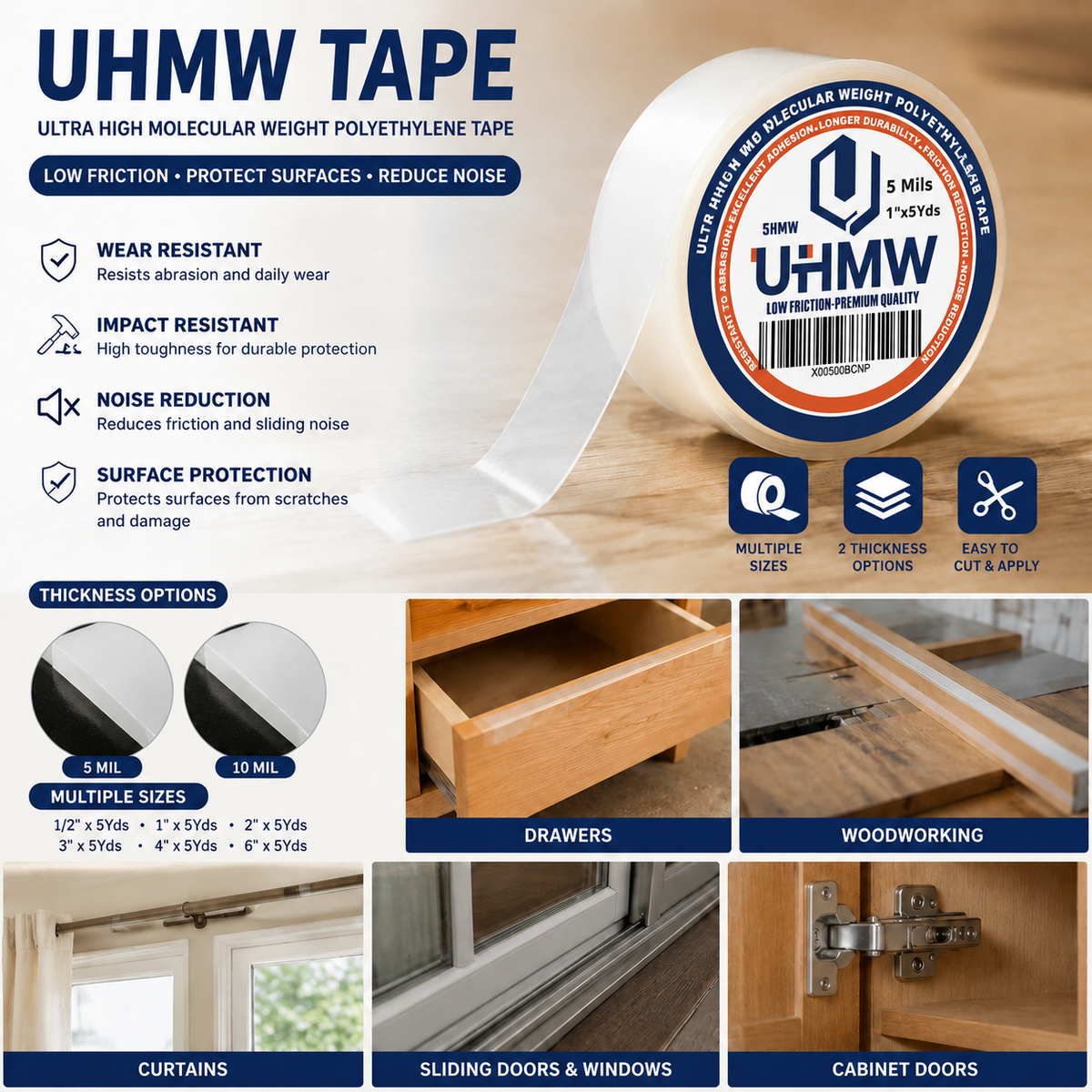 Ultra High Molecular Weight Polyethylene Tape(0.5" x 5Yds,5mil)